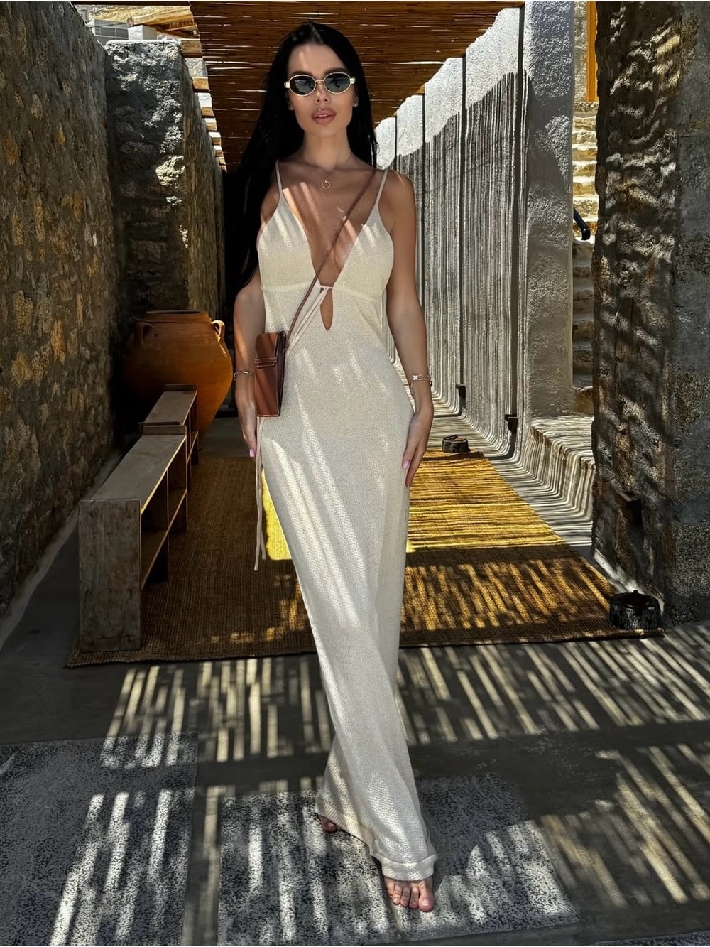 Plunging Ivory Maxi Dress with Keyhole Detail